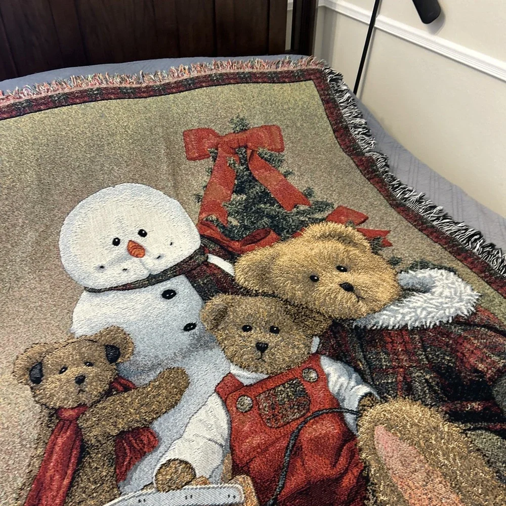 Vintage Christmas Tapestry Throw Blanket Snowman Teddy Bears Sled 52x70